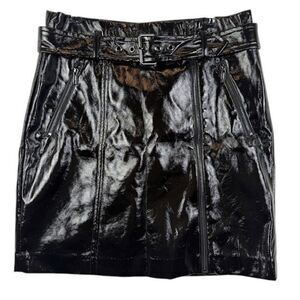NWT Karl Lagerfeld Faux Patent Leather A-Line Mini Skirt Belted Black Size 4